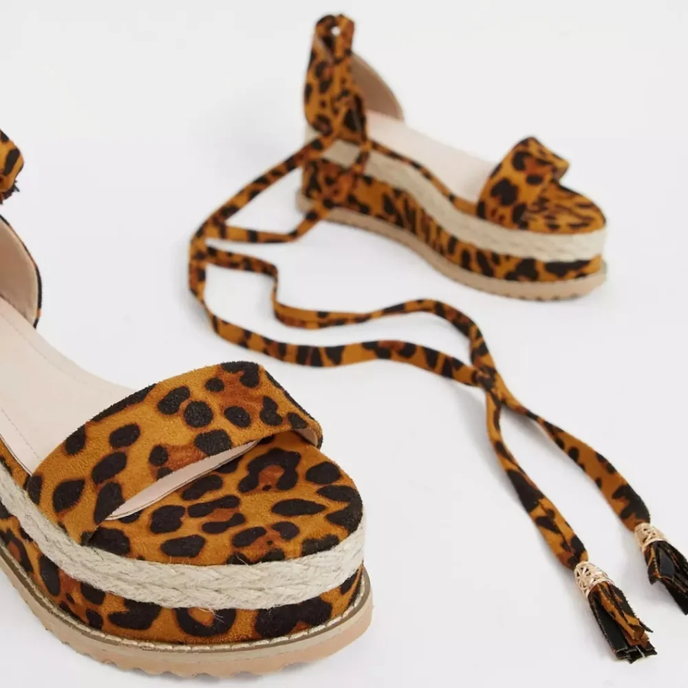Leopard Print Espadrille Platform Sandals with Ankle Wrap